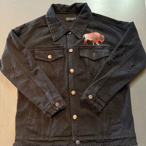 Black Jean Jacket with a Plaid Red and Black Buffalo